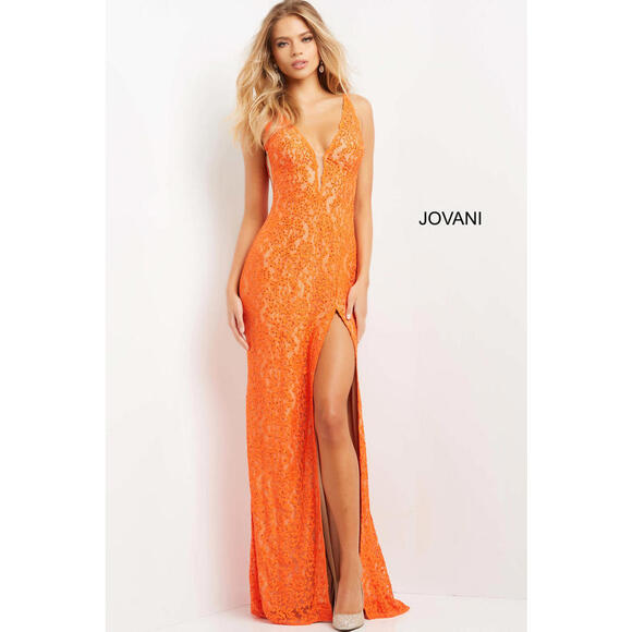 Jovani Dresses & Skirts - Jovani 08674 Orange Nude Plunging Neck Lace Dress Size 0 NWT
